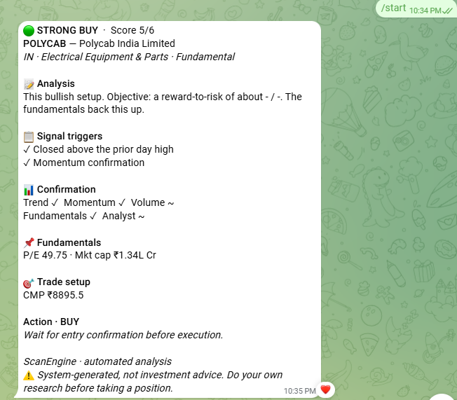 ScanEngine Details card on Telegram — POLYCAB Strong Buy with analysis, signal triggers, confirmation, fundamentals, and trade setup